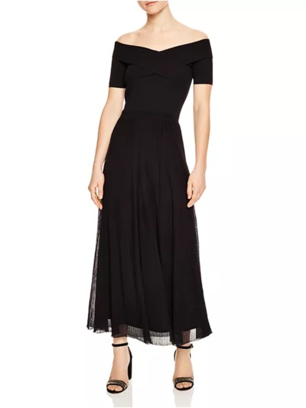 Sandro Sallie Drape Knit Off-The-Shoulder Pleated stretch Maxi Dress Black M 38 - Picture 2 of 11